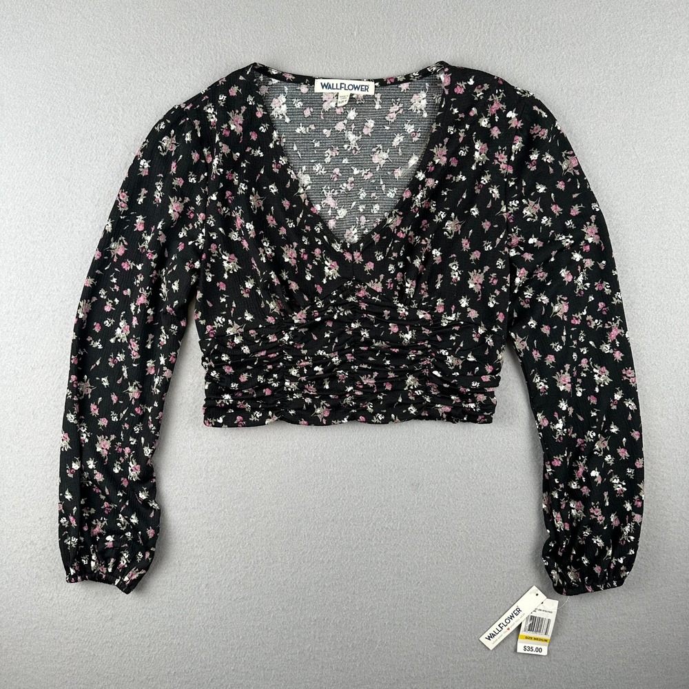 WallFlower Floral Crop Top Womens Medium Black Ruched V-Neck Long Sleeve Smocked